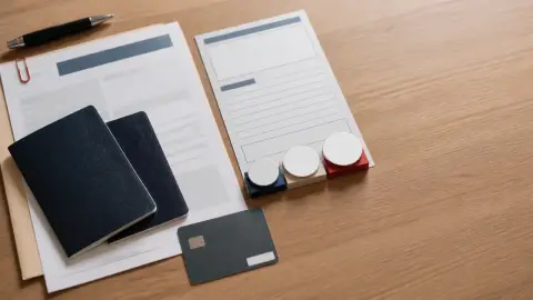 Generic passports, visa paperwork, and a payment card arranged as an official bond-payment checklist.