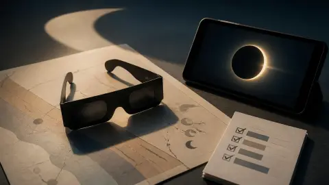 Eclipse glasses, a phone prepared for coverage, and a map-like planning sheet arranged under a crescent shadow