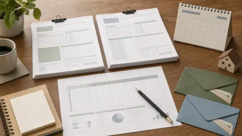 Generic mortgage paperwork, a rate-lock calendar and cash-to-close envelopes arranged on a desk for a refinance decision