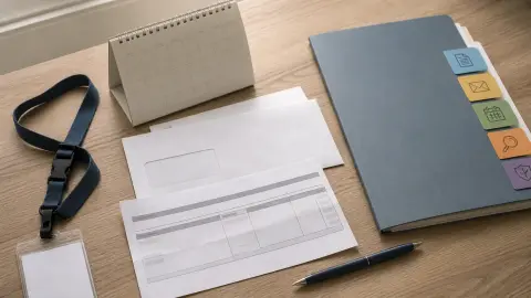 A desk still life of anonymous pay, benefits, calendar, and folder documents arranged like a worker checklist.