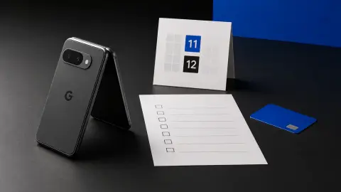 A Pixel 11 phone setup beside a calendar card and pre-order checklist on a desk