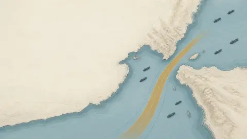 A schematic maritime corridor narrows through a strait while cargo-vessel markers wait outside the passage.