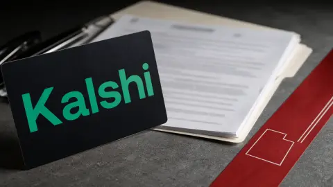 A source-grounded editorial scene showing the Kalshi wordmark beside unreadable legal papers and a red state-law boundary strip.