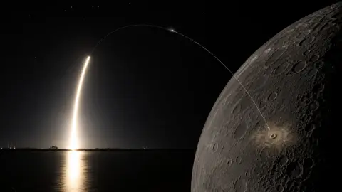 A Falcon 9 night launch arcs toward a moon surface marked with a subtle impact-zone cue.