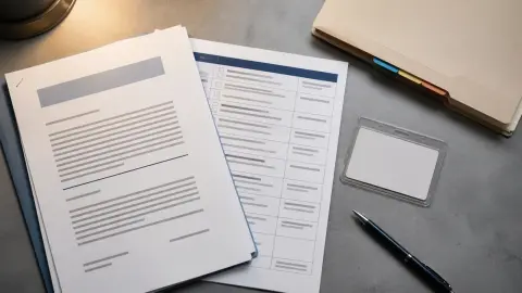 Court and employment paperwork arranged on a desk beside a blank work authorization card sleeve.
