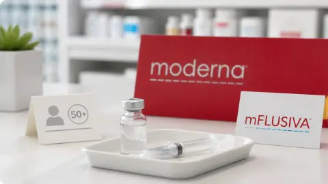 A pharmacy-counter vaccine tray with Moderna-branded reference material in the background.