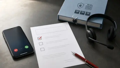 A mobile phone beside a blank consent form and call-center headset, arranged to show the shift from unsolicited calls to opt-in permission.