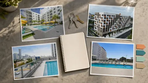 Four source-grounded photos of Altis Little Havana, Brisas del Sol, Ram Miami River South and Riverview One arranged as an apartment tour plan