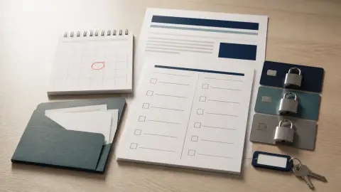 A breach notice, claim checklist, locked credit cards, and a calendar arranged as a credit-freeze decision