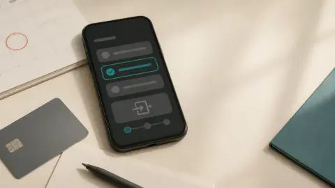 A phone, payment card, calendar, and blank confirmation slip arranged as a reminder to check cancellation details before starting a free trial.