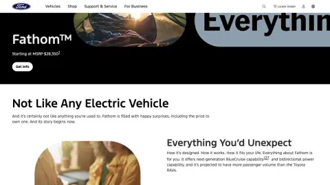 Ford's official Fathom page showing the electric truck name and $28,350 starting MSRP