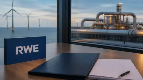 RWE-branded energy materials staged beside offshore wind and gas infrastructure cues to show a capital shift away from U.S. wind leases.