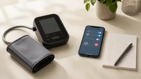 A home blood pressure cuff beside a phone with abstract privacy controls and a blank checklist.