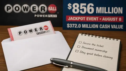 A protected lottery ticket, envelope, pen, and checklist arranged with recognizable Powerball branding on a desk.