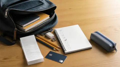 A back-to-school shopping list, backpack, notebooks, receipt and payment card arranged on a table