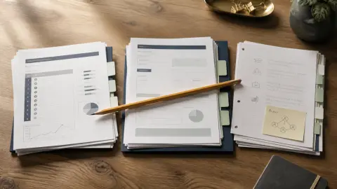 A college decision worksheet, aid paperwork and career notes arranged in three columns on a desk