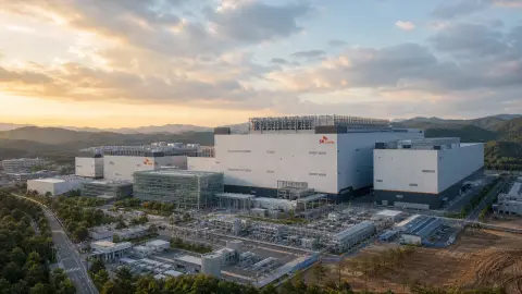SK hynix semiconductor fab buildings and campus infrastructure shown in a source-grounded editorial view of the company's AI memory expansion