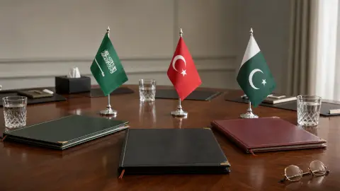 Saudi, Turkish and Pakistani desk flags arranged around closed agreement folders in a formal meeting-room setting
