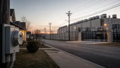 A quiet neighborhood street facing a large data center service gate and power equipment at dusk