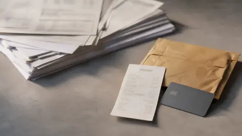 A retail receipt and shipping mailer sit in front of a stack of generic import-refund paperwork.