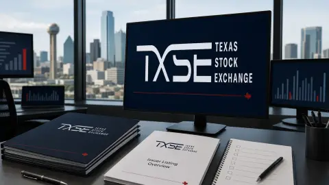 TXSE trading screens and listing documents arranged around the Texas Stock Exchange logo