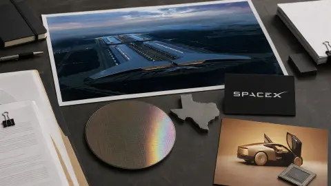 A SpaceX-branded planning table with a silicon wafer, factory model, Texas marker and incentive paperwork representing the Terafab chip project.