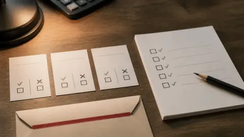 Blank event-contract slips and a risk checklist arranged on a desk before a trade decision.