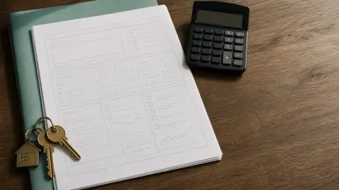 A home affordability worksheet compares income, mortgage payment, and cash reserves beside house keys.