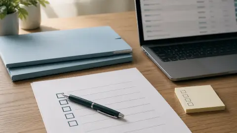 A desk with a checklist, folders, pen, and blurred loan-account screen representing a borrower reviewing settlement documents.