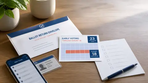 A tabletop voting plan with a blank ballot envelope, generic ID sleeve, calendar card, checklist and phone wait-time screen.