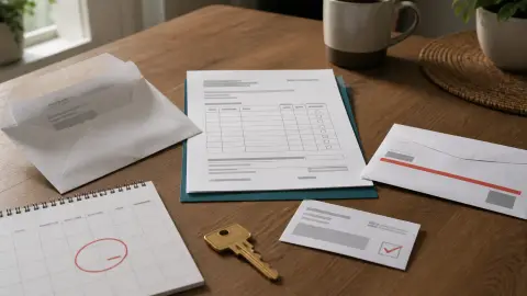 An opened HOA notice, house key, ledger page, and circled calendar deadline on a kitchen table.