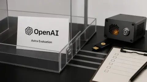 OpenAI-branded evaluation materials sit beside a sandbox boundary, security checklist, and hardware key.