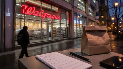 A Walgreens storefront with a prescription pickup bag, pen and unreadable checklist arranged as a reminder to plan refills before a local closure.