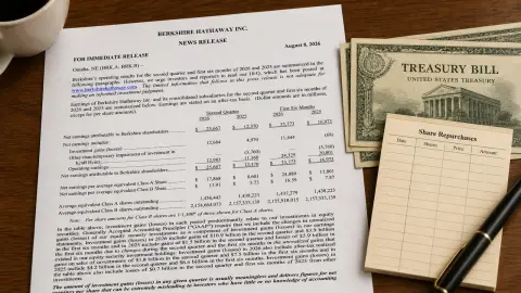 A Berkshire Hathaway second-quarter earnings release on a desk beside cash-management papers and a buyback note.