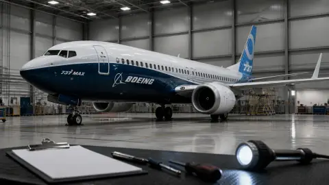 A Boeing 737 MAX in a quiet hangar with inspection tools in the foreground.