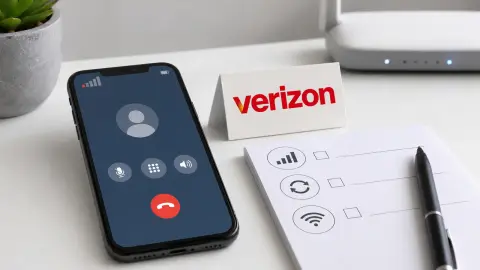 A Verizon-branded support card beside a phone showing a low-signal call screen.