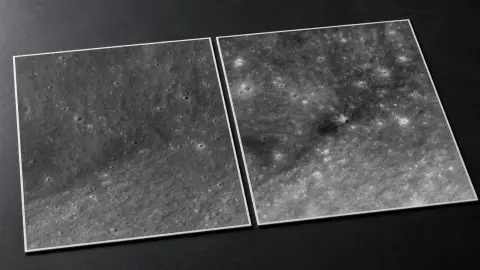 NASA and KARI Danuri before-and-after lunar surface panels show the Falcon 9 impact mark.