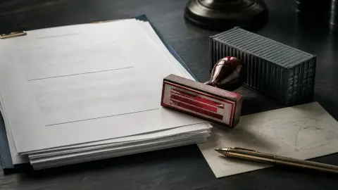 A legislative packet, tariff stamp and cargo container miniature arranged on a desk to show a pending sanctions and trade decision.