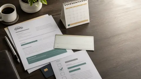 A loan payoff statement, unsigned check, calendar card, and abstract credit report arranged on a desk.