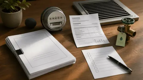 A tabletop arrangement of an approval packet, power bill, meter gauge, water valve tag and cooling grille representing data-center cost questions.
