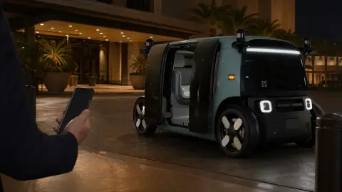 A Zoox robotaxi waits at a Las Vegas curb with its passenger door opening for a ride.