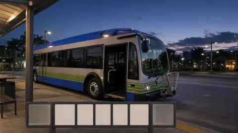 Miami-Dade Metrobus at a quiet transit stop with blank schedule cards suggesting reduced early and late service windows.