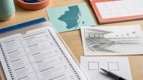 Election materials arranged beside a Miami-Dade map card and a blank stadium sketch to show a local referendum decision.