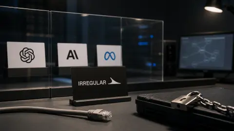 Irregular, OpenAI, Anthropic and Meta references arranged around a contained AI test workstation.