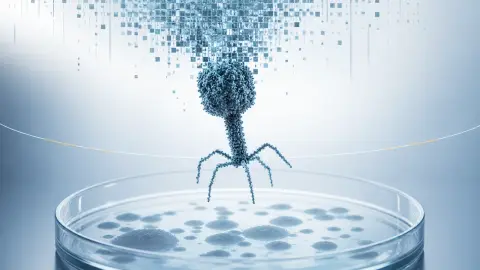 Illustration of an AI-generated bacteriophage form above a controlled lab plate, separated from abstract genome fragments by a safety boundary.