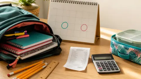 Back-to-school supplies, a backpack and a receipt arranged near a calendar with two marked August dates.