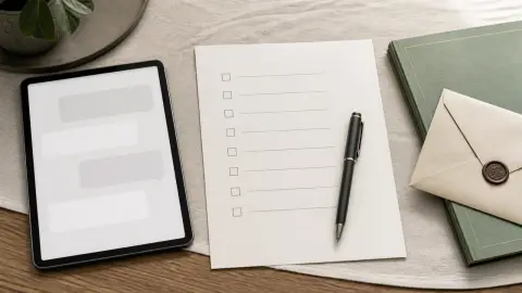A tablet with abstract chat bubbles stops beside a paper financial-review checklist and pen.