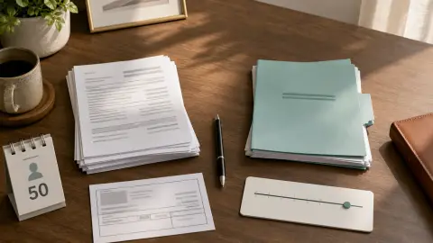 A tabletop retirement-planning scene with paperwork split between pretax and Roth contribution choices.