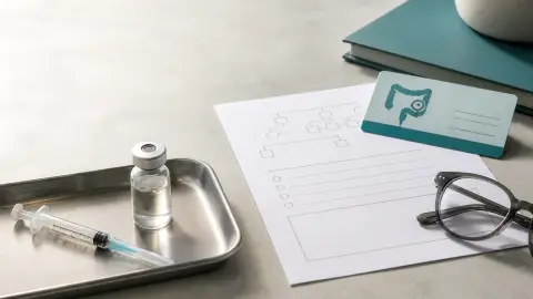 Unlabeled vaccine vial, capped syringe and blank screening paperwork arranged on a clinical tabletop