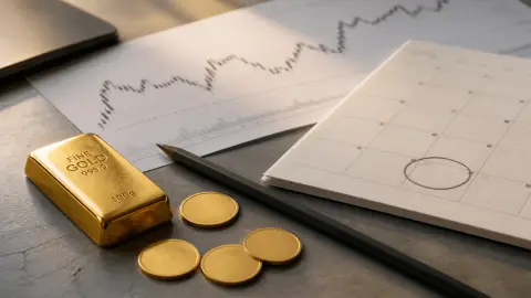 Gold bars, a generic calendar checkpoint and a muted price-line sheet arranged on a desk to show the inflation-data test ahead.